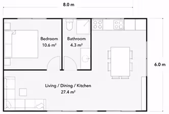 Floor plan, 8.0 × 6.0 m: bedroom, bathroom and open living, dining and kitchen area