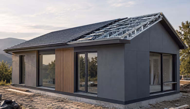 Modular house with its steel roof frame partly covered